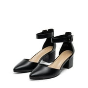 BURUDANI Women Fashion Pump Shoes Ankle Strap Pointed Toe Low Chunky Dress Shoes NUDE/NUBUCK Size 7