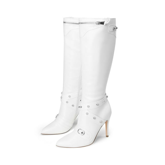 BURUDANI Women's Studded High Heel Knee Boots