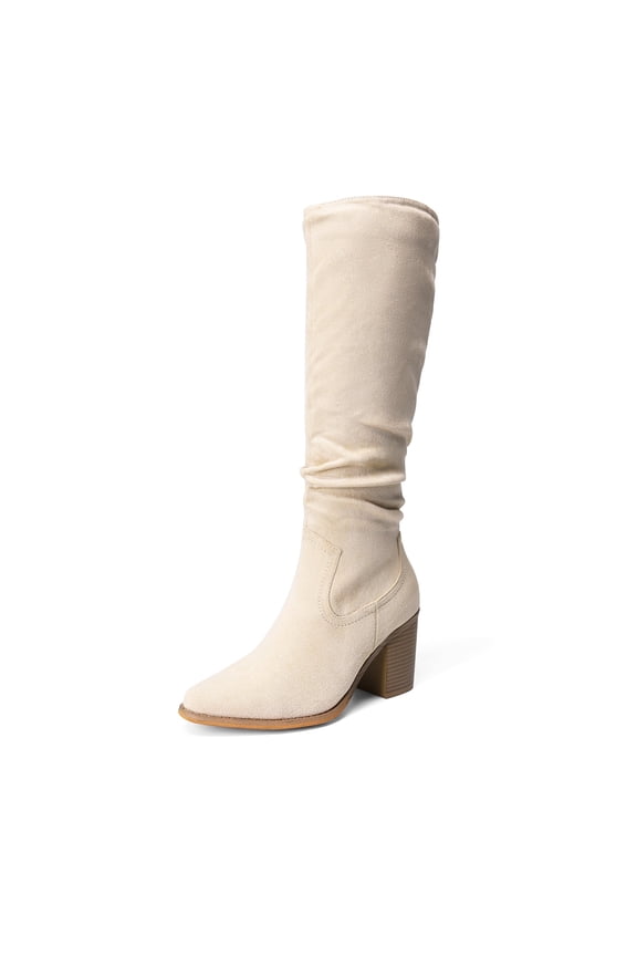 Women's Suede Knee High Boots Pointed Toe Comfortable Chunky Block Heel Side Zipper Riding Boots Beige Size 7