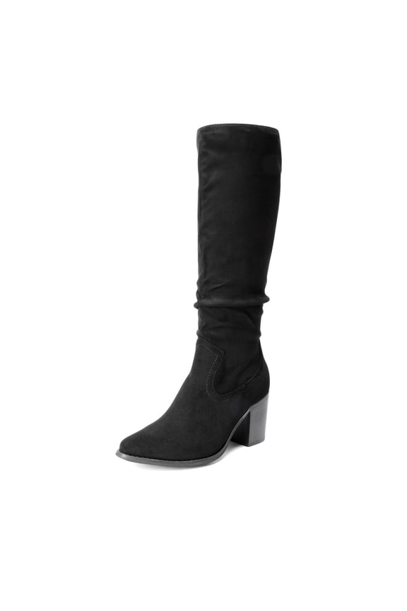 Women's Suede Knee High Boots Pointed Toe Comfortable Chunky Block Heel Side Zipper Riding Boots Black Size 8
