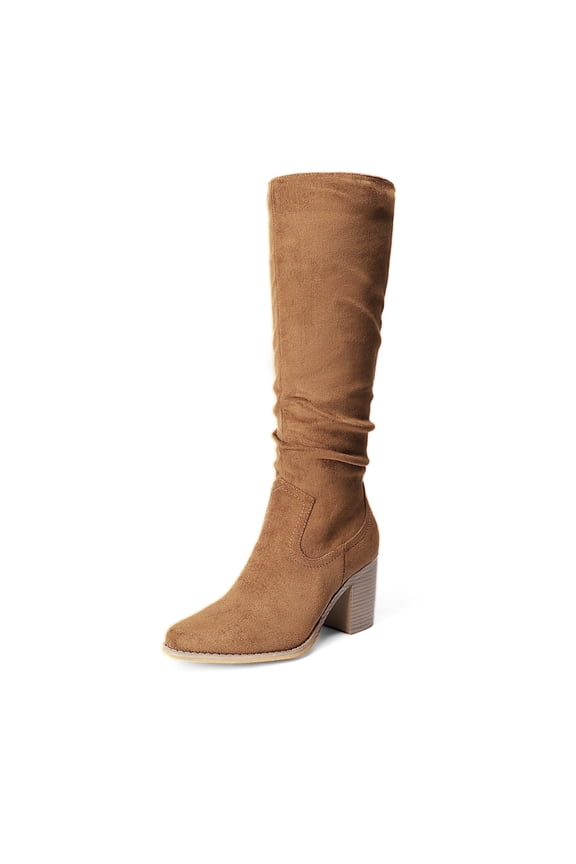 Women's Suede Knee High Boots Pointed Toe Comfortable Chunky Block Heel Side Zipper Riding Boots Camel Size 7