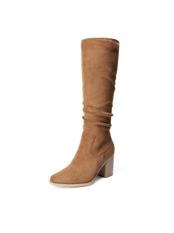 Women's Suede Knee High Boots Pointed Toe Comfortable Chunky Block Heel Side Zipper Riding Boots Camel Size 8