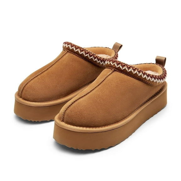 BURUDANI Women's Suede Platform Slip-on Slippers Clog Winter Warm Shoes Chestnut Size 7 (Runs Small-Size Up!)