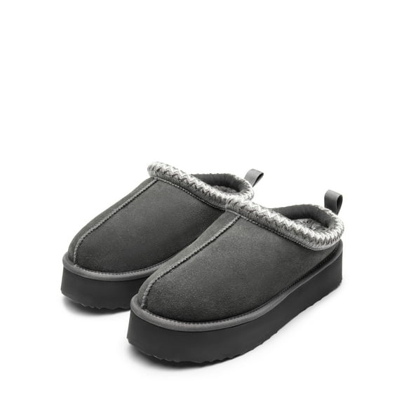 BURUDANI Women's Suede Platform Slip-on Slippers Clog Winter Warm Shoes Grey Size 9 (Runs Small-Size Up!)