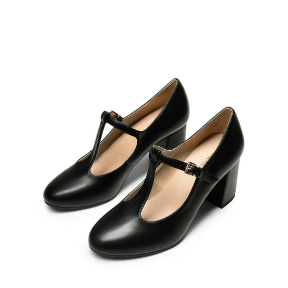 BURUDANI Women's T-strap Mary Jane Pumps Low Chunky Heels Wedding Dress Shoes BLACK/PU Size 9.5