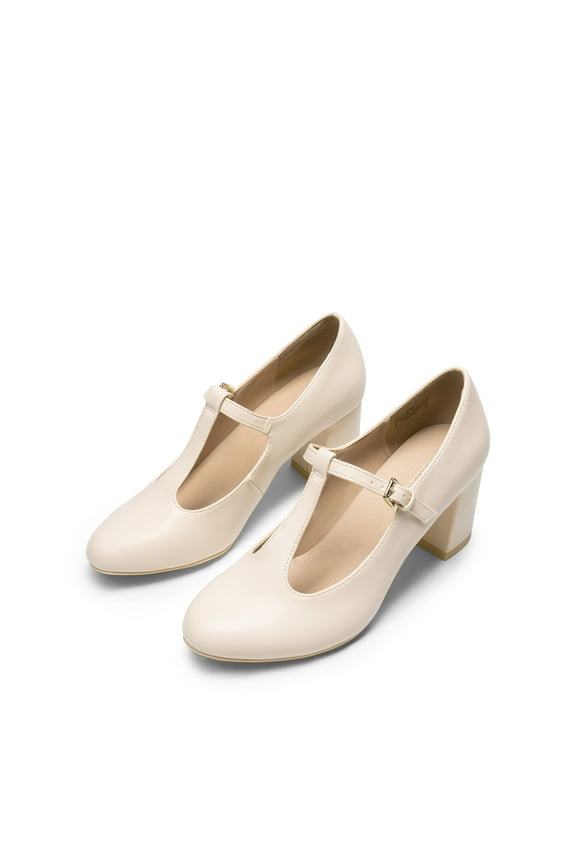 Women's T-strap Mary Jane Pumps Low Chunky Heels Wedding Dress Shoes NUDE/PU Size 7.5