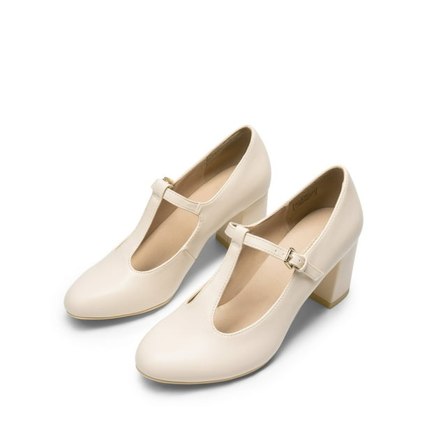 BURUDANI Women's T-strap Mary Jane Pumps Low Chunky Heels Wedding Dress  Shoes NUDE/PU Size 9 - Walmart Business Supplies