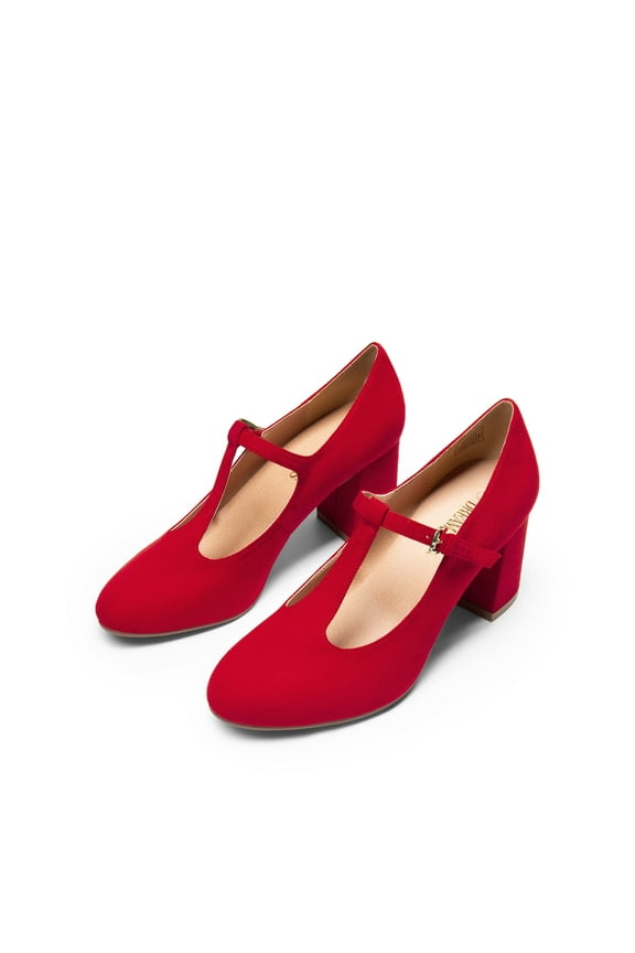Women's T-strap Mary Jane Pumps Low Chunky Heels Wedding Dress Shoes RED Size 8