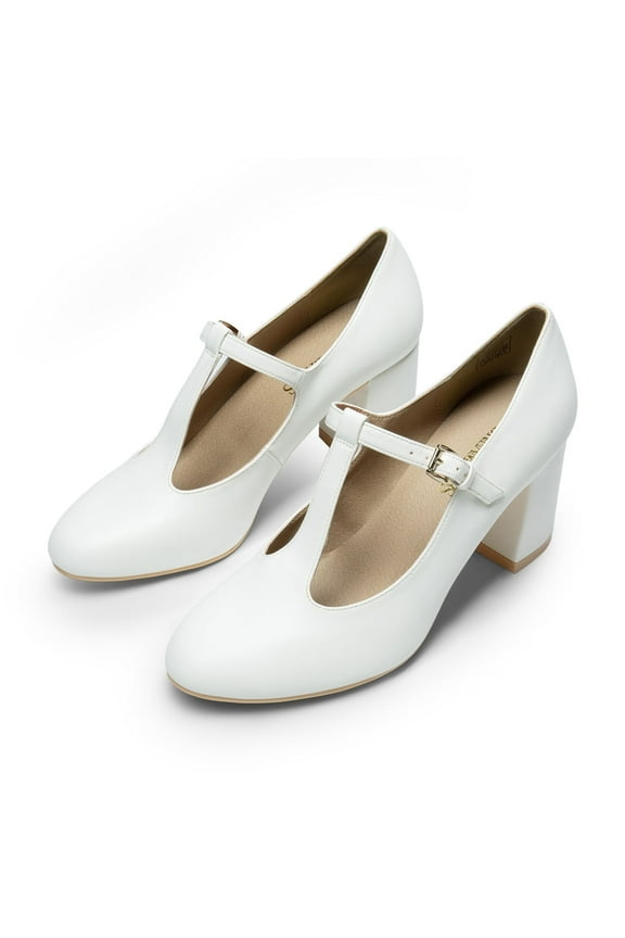 Women's T-strap Mary Jane Pumps Low Chunky Heels Wedding Dress Shoes WHITE/PU Size 8