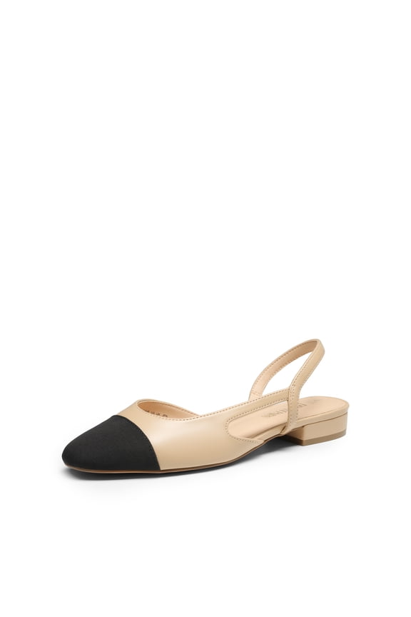 Women's Two-Tone Slingback Flats, Cap Toe Low Block Heel Dress Shoes for Work & Casual