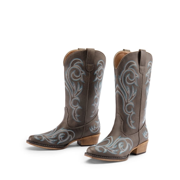 DREAM PAIRS Women's Western Cowboy Boots, Mid-Calf Cowgirl Boots with Chunky Heel & Embroidered Stitching Wide Width