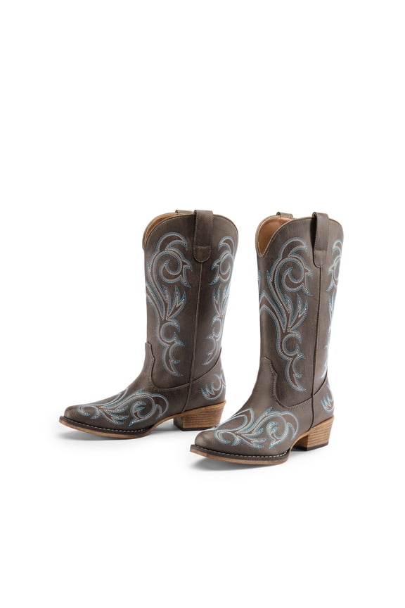 Women's Western Cowboy Boots, Mid-Calf Cowgirl Boots with Chunky Heel & Embroidered Stitching Wide Width