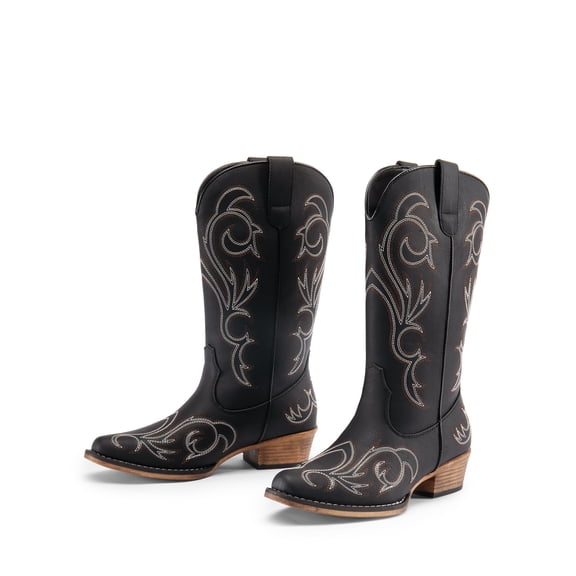 DREAM PAIRS Women's Western Cowboy Boots, Mid-Calf Cowgirl Boots with Chunky Heel & Embroidered Stitching Wide Width