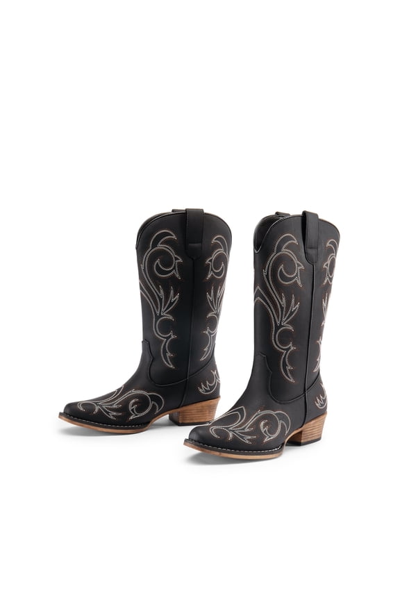 Women's Western Cowboy Boots, Mid-Calf Cowgirl Boots with Chunky Heel & Embroidered Stitching Wide Width