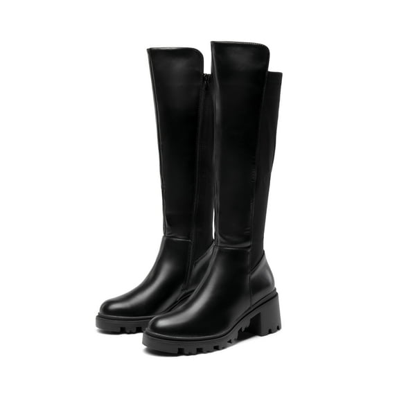 BURUDANI Women's Wide Calf Knee High Boots, Low Stacked Heel Riding Boots