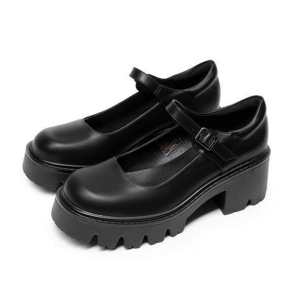 BURUDANI Womens Ballet Mary Jane Low Heel Chunky Ankle Strap Pumps Non-Slip Platform Dress Shoes Round Toe BLACK Size 10