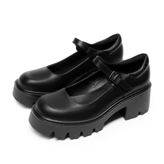 BURUDANI Womens Ballet Mary Jane Low Heel Chunky Ankle Strap Pumps Non-Slip Platform Dress Shoes Round Toe BLACK Size 10