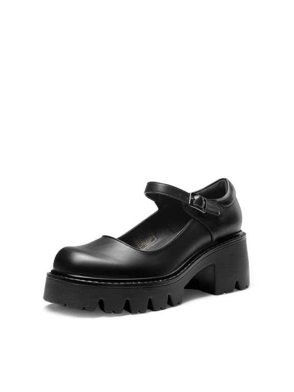 Women's Platform Mary Jane Pumps Chunky Block Heel Dress Shoes Round Toe Buckle Strap Oxfords
