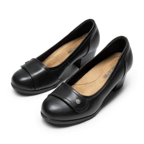 BURUDANI Womens Low Block Heel Pump Shoes Wide Width Round Toe Arch Support Slip On Dress Pumps