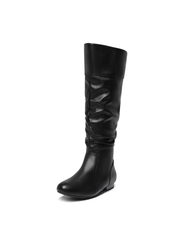 Womens Wide Calf Faux Fur Slouchy Low Heel Side Zip Knee High Boots Wide Calf