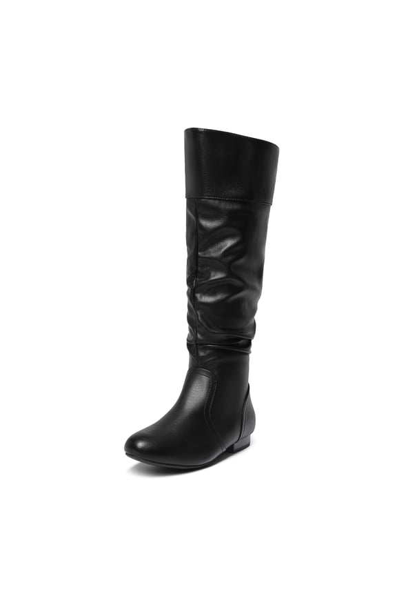 Womens Wide Calf Faux Fur Slouchy Low Heel Side Zip Knee High Boots Black/Pu Size 9