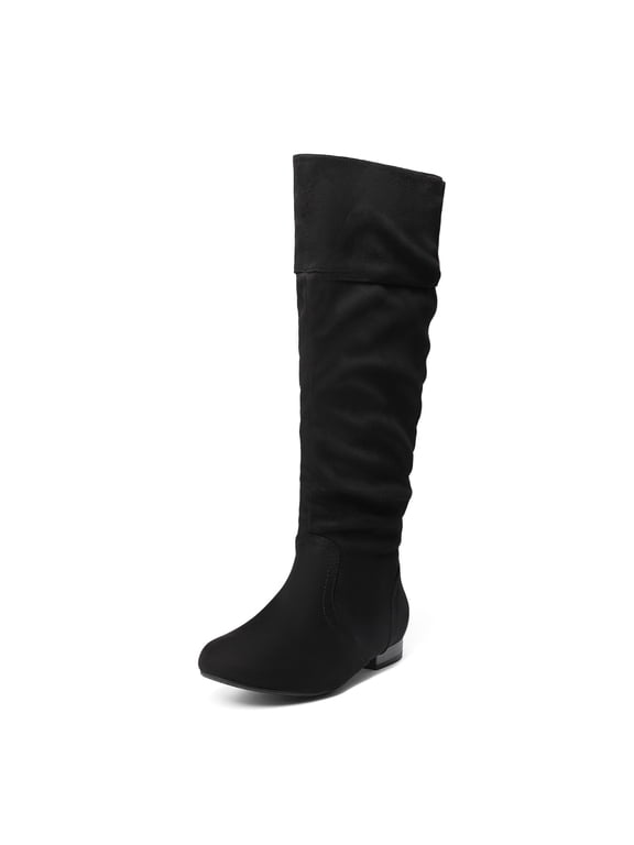 Womens Wide Calf Faux Fur Slouchy Low Heel Side Zip Knee High Boots Wide Calf