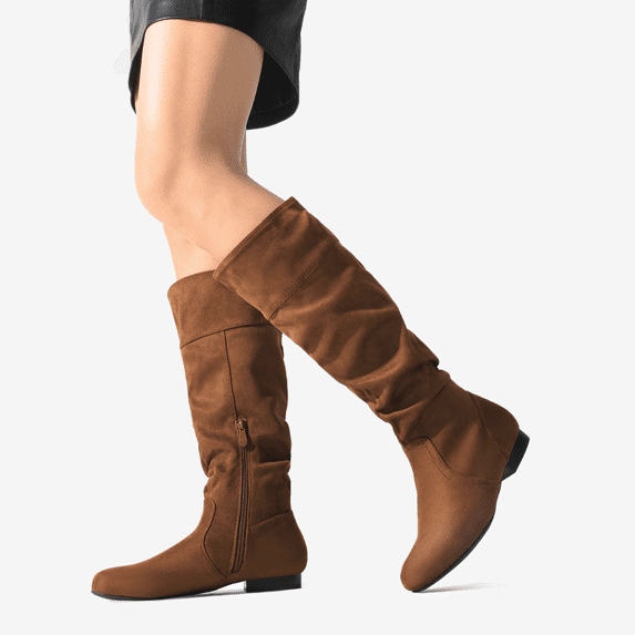 BURUDANI Womens Wide Calf Faux Fur Slouchy Low Heel Side Zip Knee High Boots Wide/Calf/Tan Size 5.5