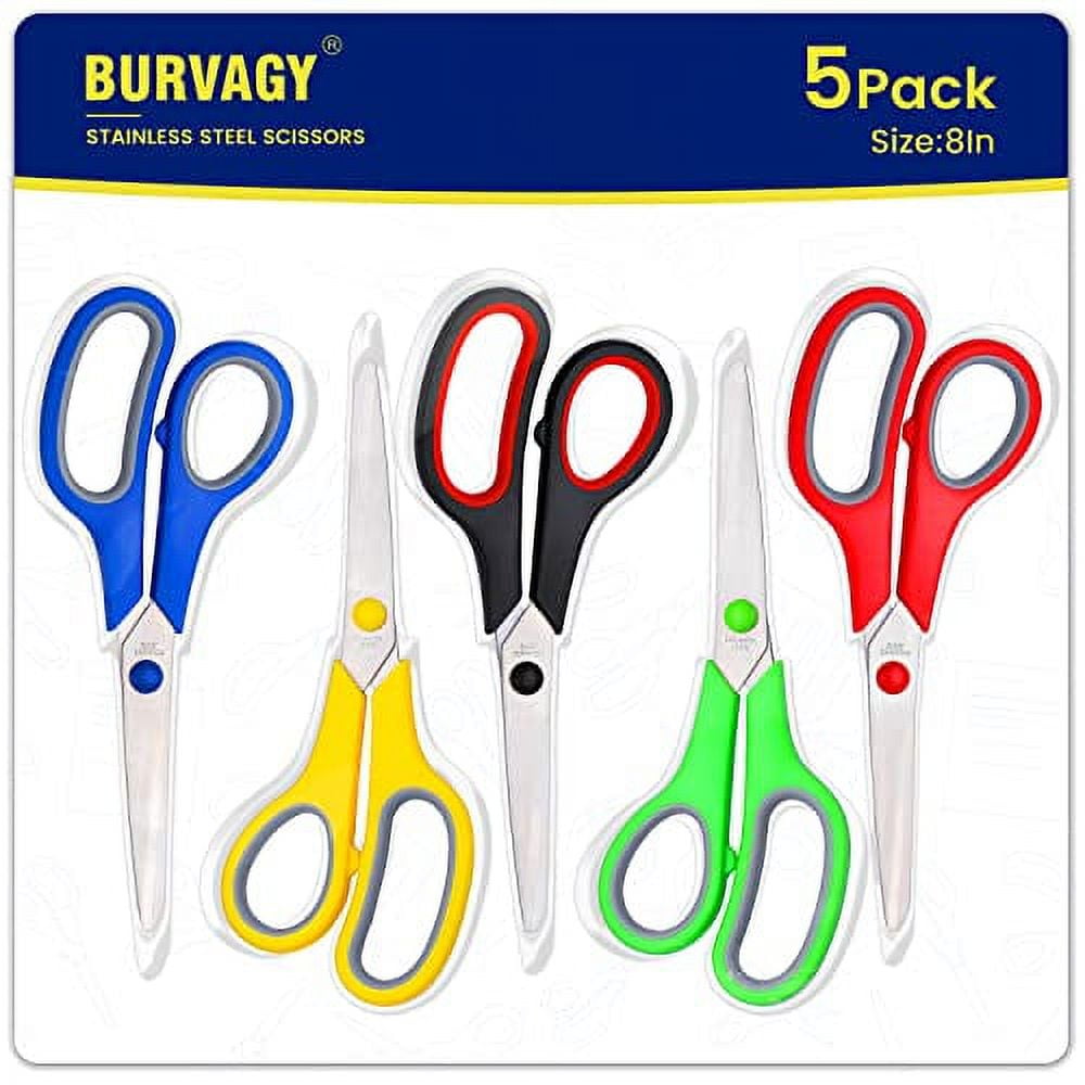 BURVAGY 8â€ Multipurpose Scissors Bulk Pack of 5, Ultra Sharp School Scissors with Comfort Grip