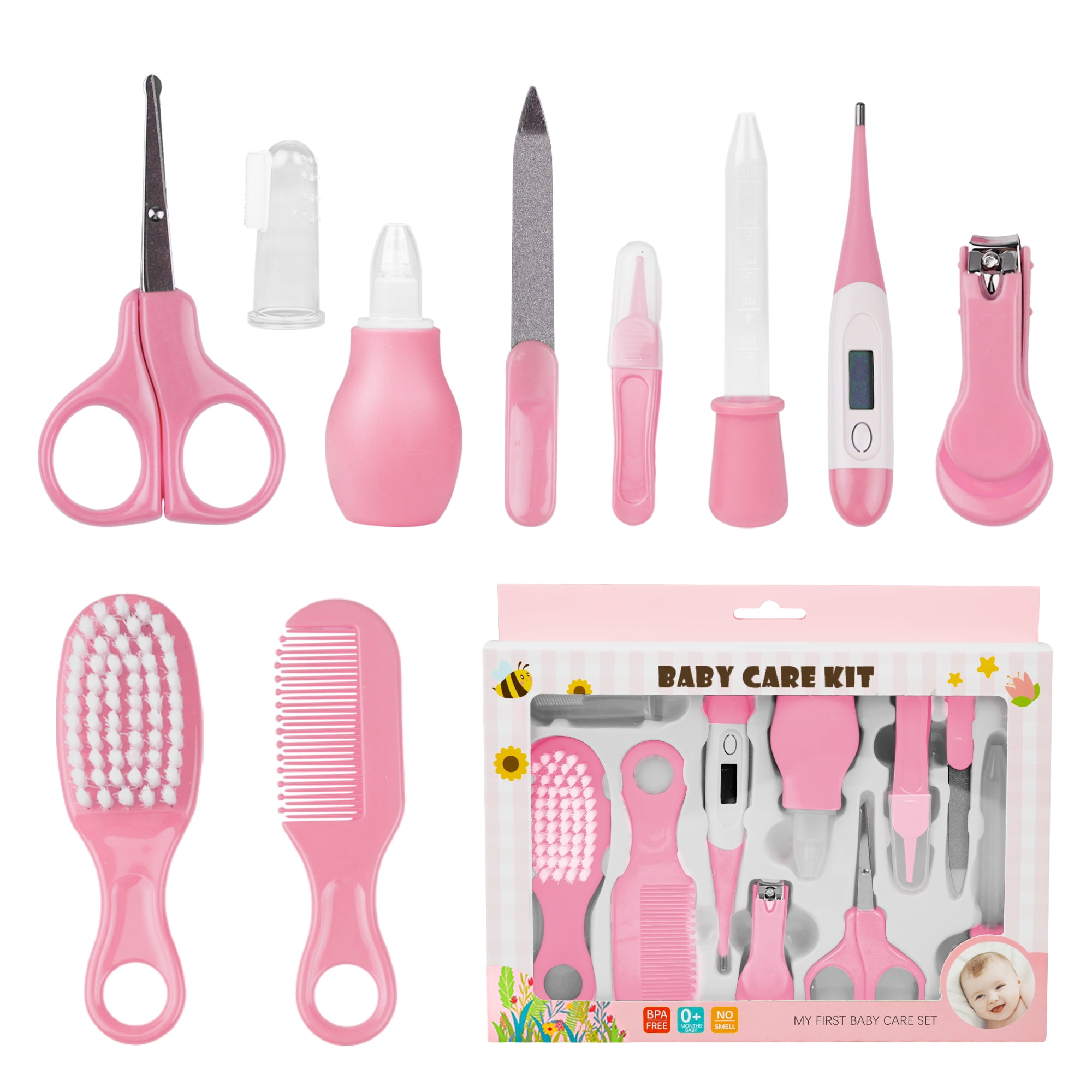 10 in 1 Baby Healthcare and Grooming Kit,Safety Newborn Nursery Care Set, with Hair Brush Comb,Nail Clipper,Thermometer,Pacifier Clip,Nasal Aspirator for Newborn Infant Baby-Pink
