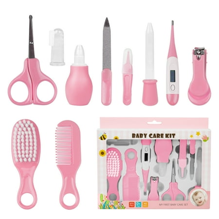 BUSATIA 10 in 1 Baby Healthcare and Grooming Kit,Safety Newborn Nursery Care Set, with Hair Brush Comb,Nail Clipper,Thermometer,Pacifier Clip,Nasal Aspirator for Newborn Infant Baby-Pink