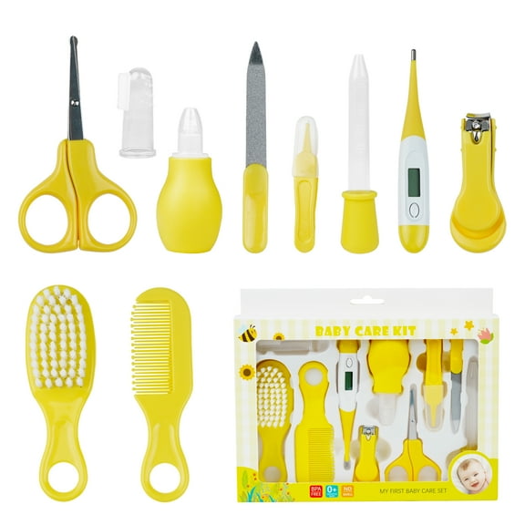 BUSATIA 10 in 1 Baby Healthcare and Grooming Kit,Safety Newborn Nursery Care Set, with Hair Brush Comb,Nail Clipper,Thermometer,Pacifier Clip,Nasal Aspirator for Newborn Infant Baby-Yellow