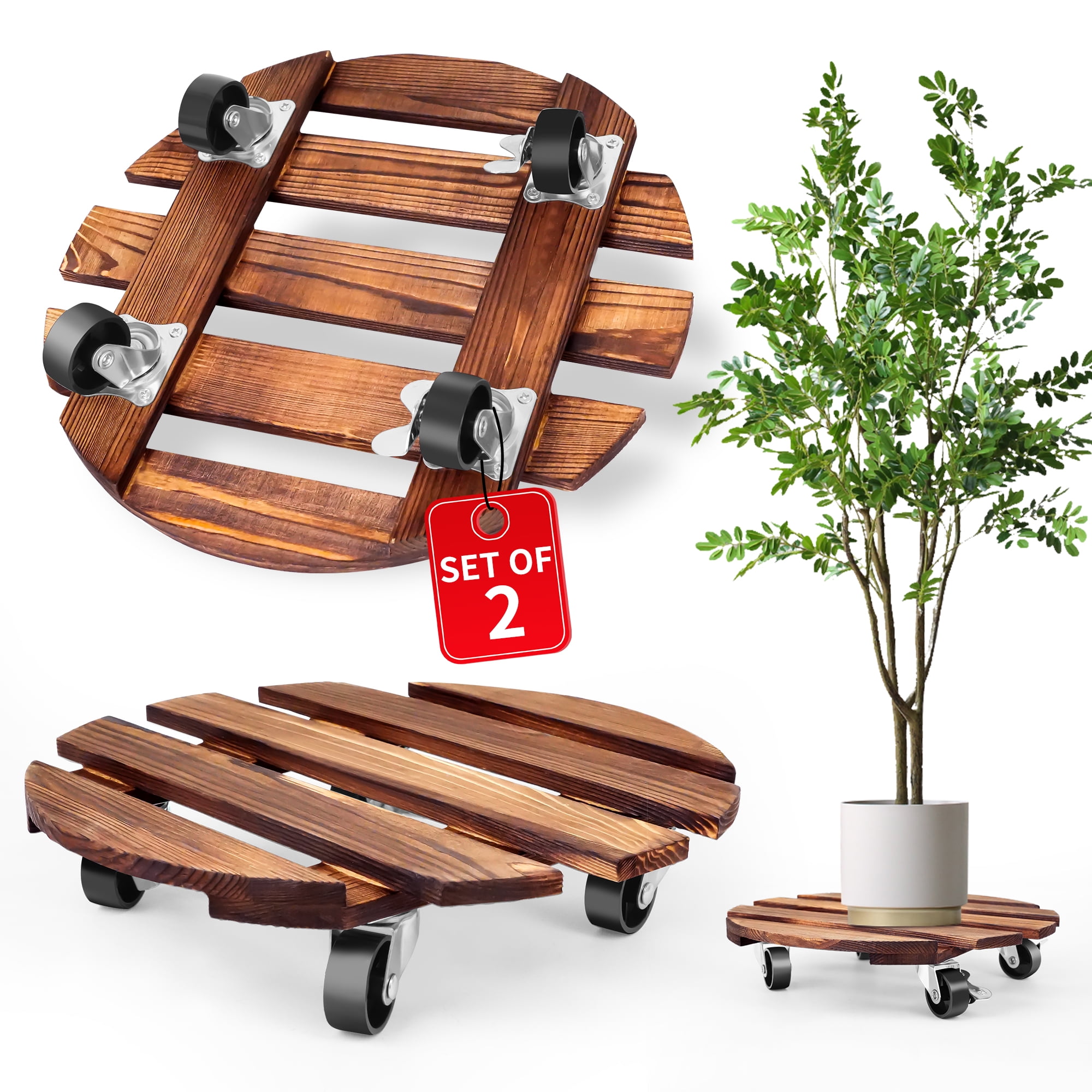 12" Round Pine Wood Plant Caddy with Lockable Wheels, Set of 2