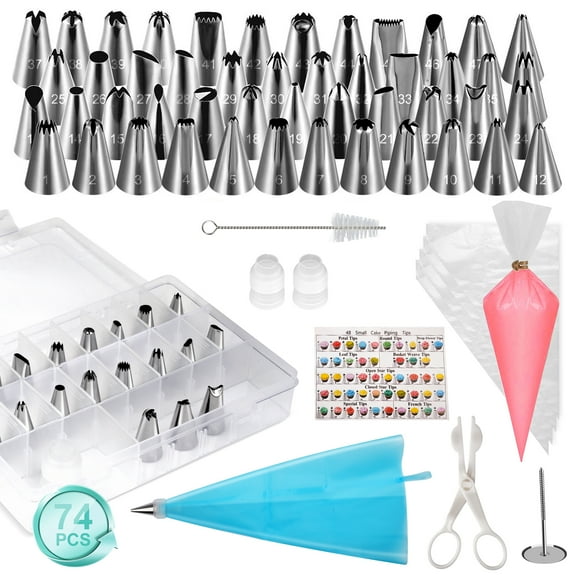 BUSATIA 74 PCS Icing Piping Bags and Tips Set, Cake Decorating Supplies Kit with 48-Numbered Piping Tips, 20+1 Pastry Bags for Cookie Cupcake Cake Decoration, Cake Decorating Tips Set