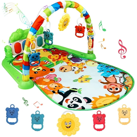 BUSATIA Baby Gym Play Mat for Babies Tummy Time Mat,Play Music and Lights Piano Playmat Activity Gym for Baby Boy Girl, Infant Toddler Activity Center Toys, Baby Floor Newborn Play Mat,Green