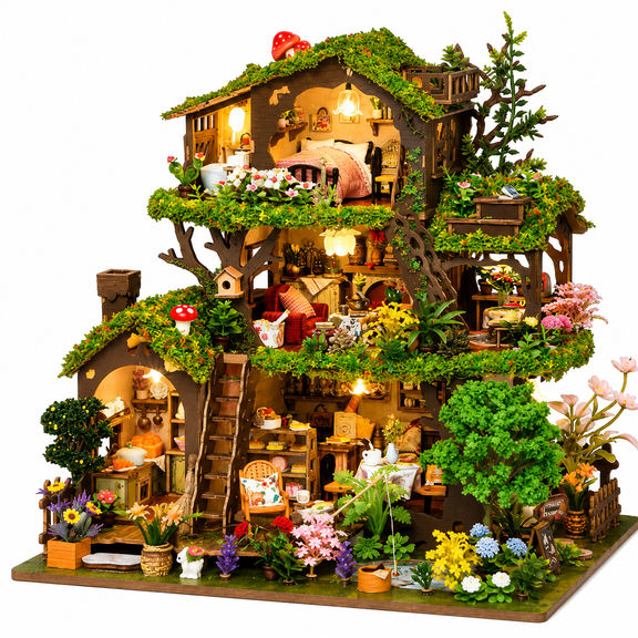 BUSATIA DIY Miniature House Kit for Adults, Wooden Forest Cottage Dollhouse Building Kit with Warm LED Lights, Mini House Model for Bookshelf Decor, Home Display & Gift