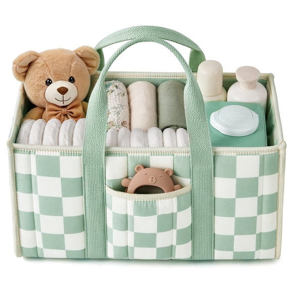 BUSATIA Diaper Caddy Organizer, Foldable Baby Diaper Storage Box with Removable Divider, Portable Nursery Organizer for Baby Shower & Newborn Essentials (Green Checkers)