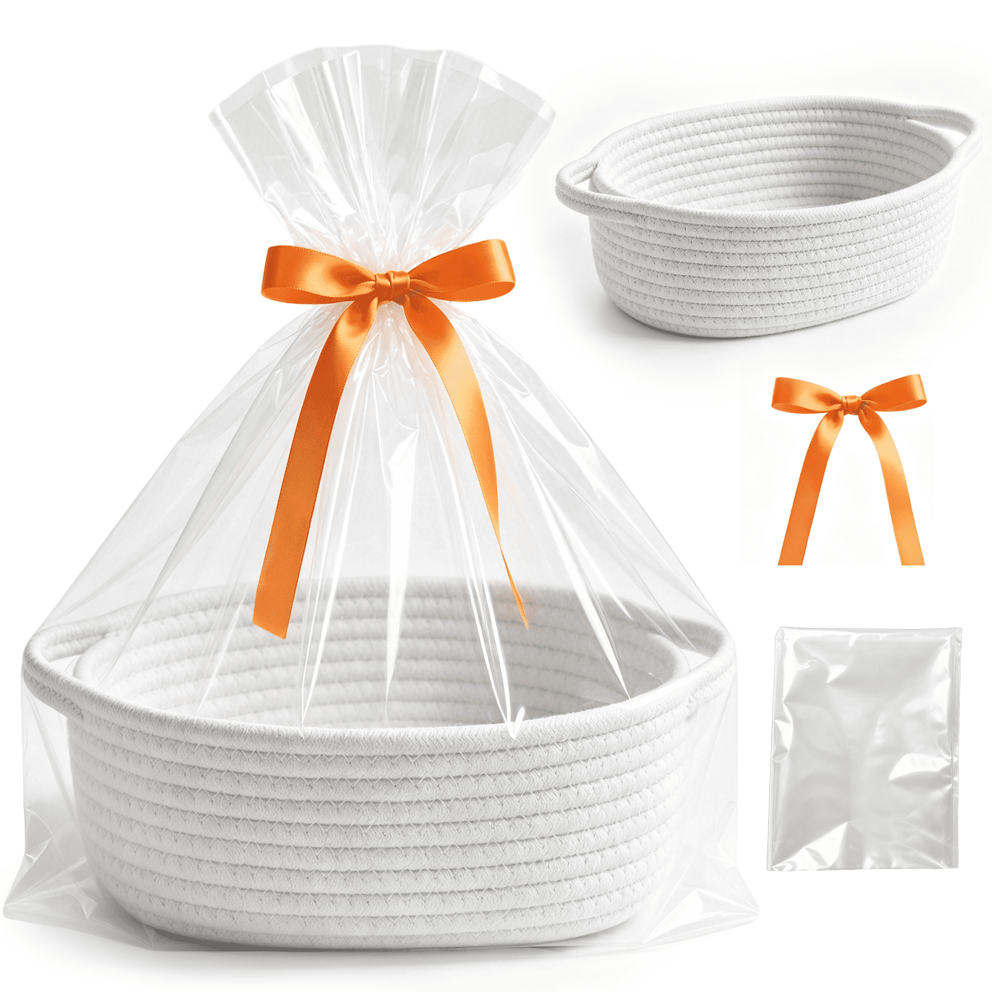 BUSATIA Gift Baskets Empty, Small Woven Basket with Gift Bags and Ribbons, 12" x 8" x 5" Storage Basket with Handles for Baby Shower, Birthday Gifts & Home Deco