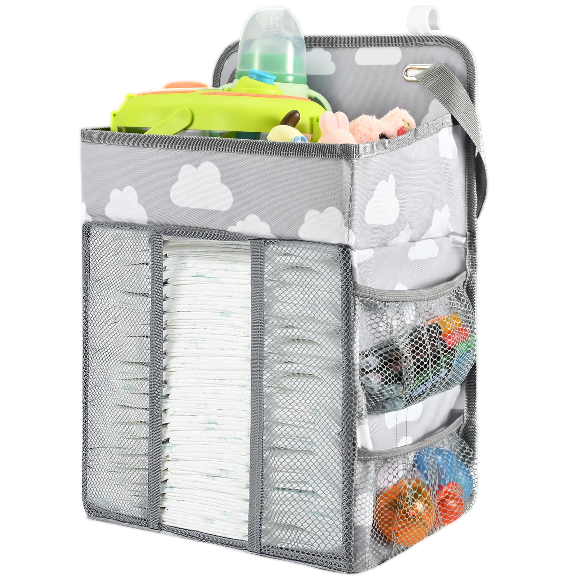 BUSATIA Hanging Diaper Caddy Organizer,Changing Table Diaper Organizer,Baby Hanging Diaper Stacker Nursery Caddy Organizer for Cribs Playyard Baby Essentials Storage,Diaper Holder Organizer