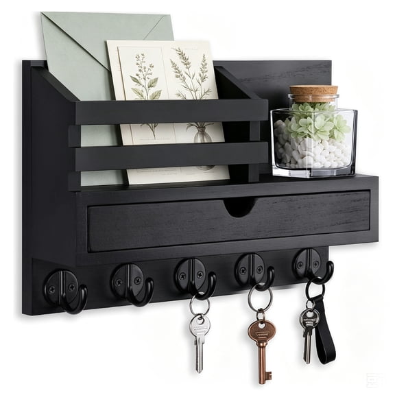 BUSATIA Key Holder Wall Mount,Wooden Key Rack and Mail Organizer with Storage Drawer and 5 Hooks for Coat, Dog Leash, Entry Way Organizer for Home Decor