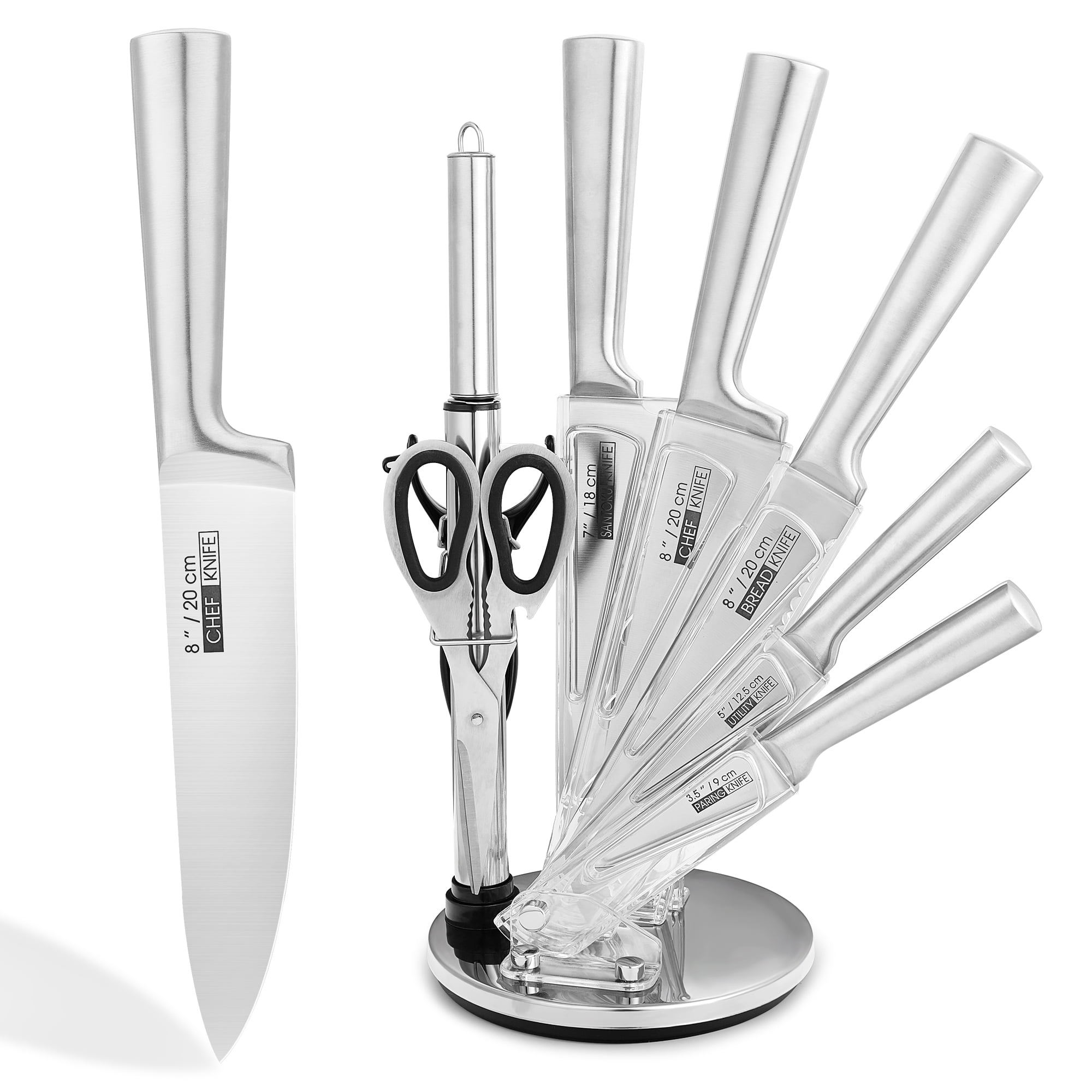 BUSATIA Knife Set, Professional Stainless Steel Chef Knife Set 9 Pcs with  Rotatable Acrylic Stand for Kitchen, Ergonomic Ultra Sharp Non-Stick  Kitchen Knife set for Men Women Gifts, Silver 