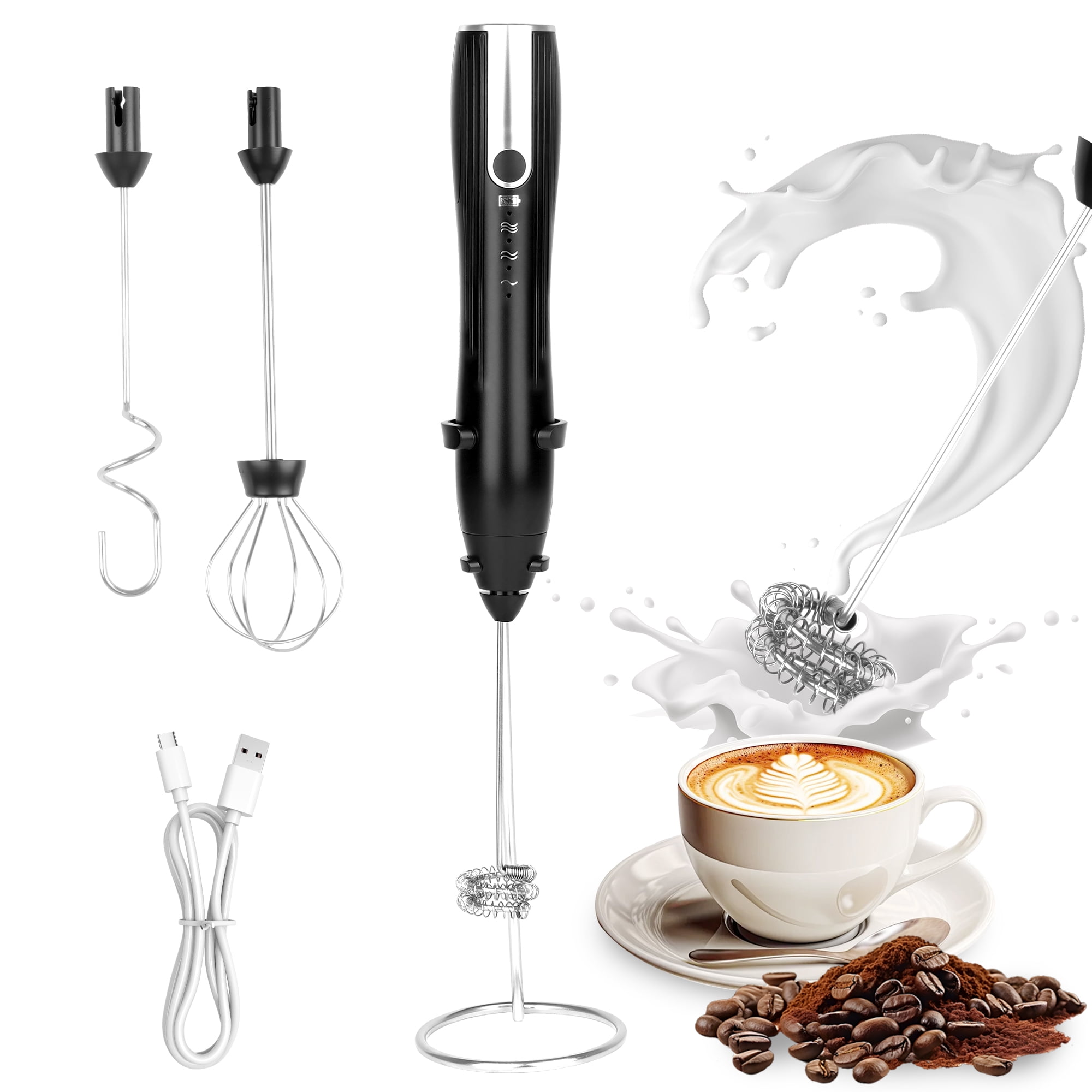BUSATIA Milk Frother Handheld with 3 Heads, Coffee Whisk Foam Mixer with USB Rechargeable 3 Speeds, Electric Mini Hand Hand Frother for Latte, Cappuccino, Hot Chocolate, Egg, Black
