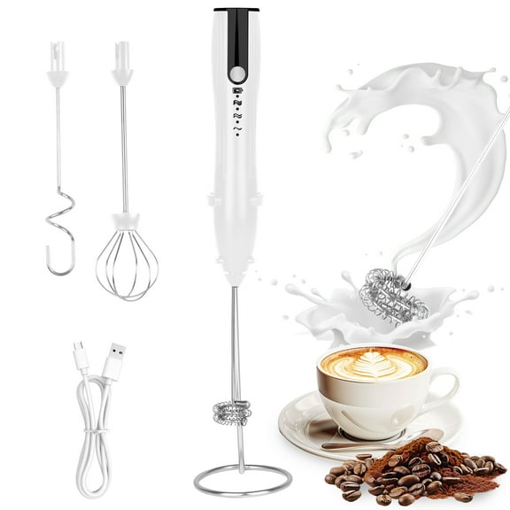 BUSATIA Milk Frother Handheld with 3 Heads, Coffee Whisk Foam Mixer with USB Rechargeable 3 Speeds, Electric Mini Hand Hand Frother for Latte, Cappuccino, Hot Chocolate, Egg, White