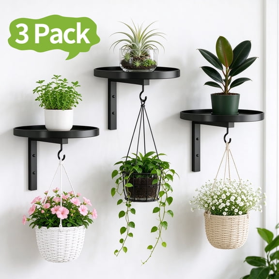 BUSATIA Wall Mounted Plant Holder,3Pcs Modern Floating Flower Display Stand with 3 Hooks,Metal Plant Shelves Wall Planters for Indoor Plants, Outdoor Decor