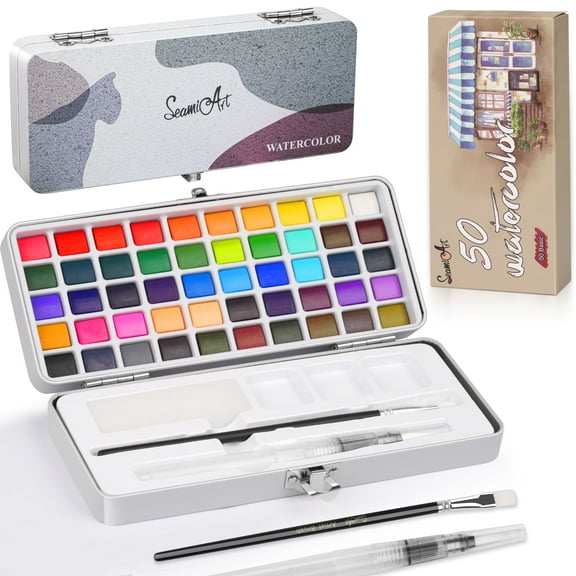 BUSATIA Watercolor Paint Set, 50 Vivid Colors in Portable Box, Palette set, Detail Paint Brush Included, Art Supplies, Perfect Travel Watercolor Set for Artists, Amateur Hobbyists and Painting