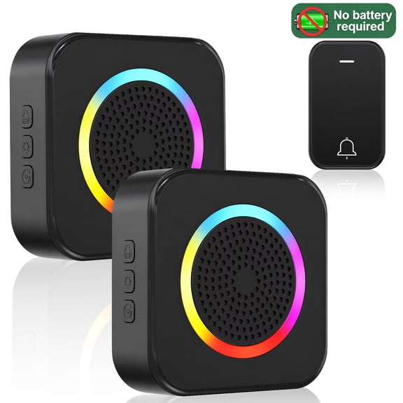 BUSATIA Wireless Doorbell,No Battery Required Doorbell with 2 Receivers 1 Button,63 Selectable Chimes,Adjustable Volume with RGB Light,IP68 Waterproof Doorbell for Home, Classroom,HospitalBlack