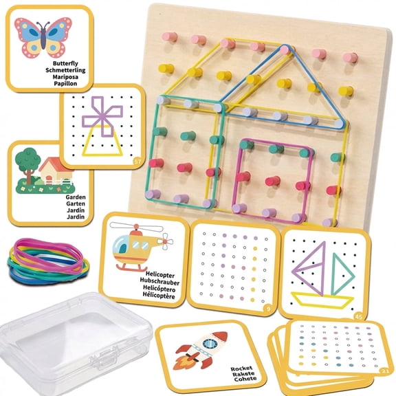 BUSAURUS 2-in-1 Wooden Geoboard and Peg Board Educational Toy, 123-Piece Set, 49 Pegs, 60 Activity Cards, 12 Rubber Bands, Ages 5 Years and up