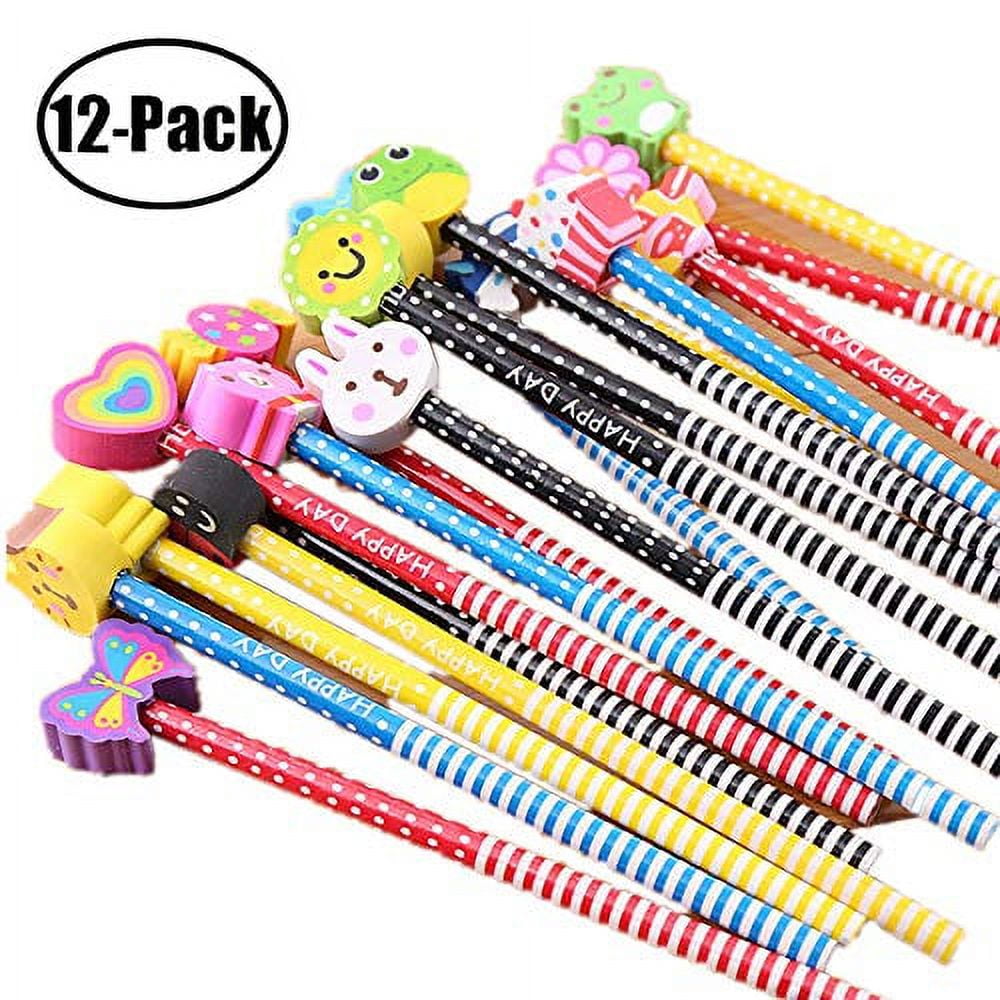 QDXATIVP 28pcs Fun Cute Pencils for Kids,Colorful Stripe Pencils with Assorted Fruit Animal Erasers Toppers,Pencils and Erasers Set for School