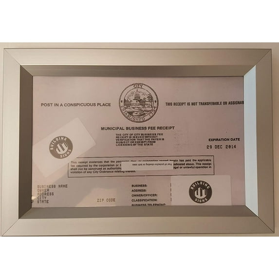 BUSINESS FEE RECEIPT 8.5 X 5.5 FRAME ( Heavy Duty - Aluminum)