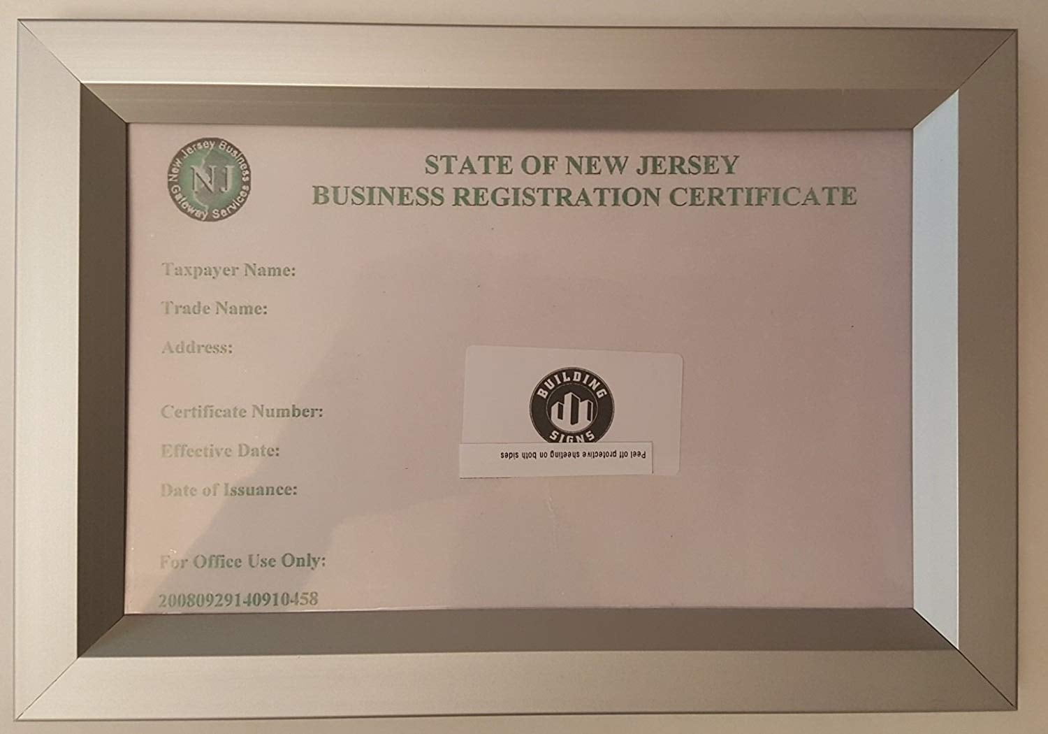 BUSINESS REGISTRATION CERTIFICATE 8.5 X 5.5 NJ ( Heavy Duty - Aluminum ...