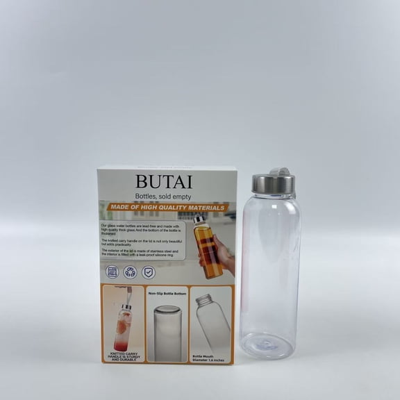 BUTAI Bottles, sold empty, 16oz Clear plastic Bottles with Stainless Steel Lids, Reusable plastic Drink Bottles with Caps, Juice Bottles for Juicing, Kombucha